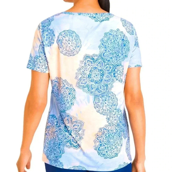 CHICOS Zenergy Tie-Dye Medallion-Print Tee T Shirt Blue Orange Blouse - Picture 3 of 8